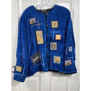 Blue Tapestry Patch Jacket Beaded Button Up Artsy Bohemian Grandmacore Women's L